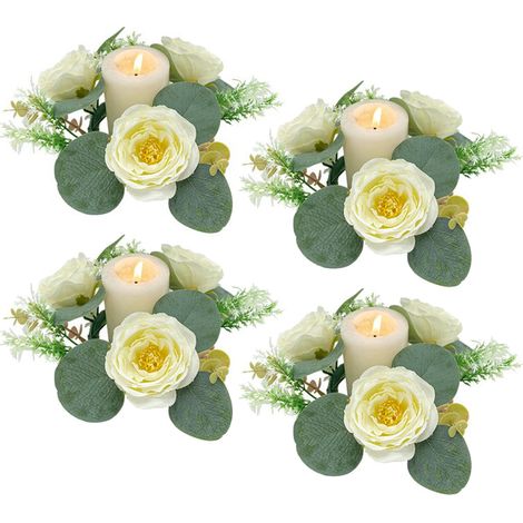 4 künstliche Kamelienblätter-Kränze mit Kerzenringen für Frühlings- und Sommerhochzeiten, Türdekoration, Tischdekoration, Cremeweiß (1/2)