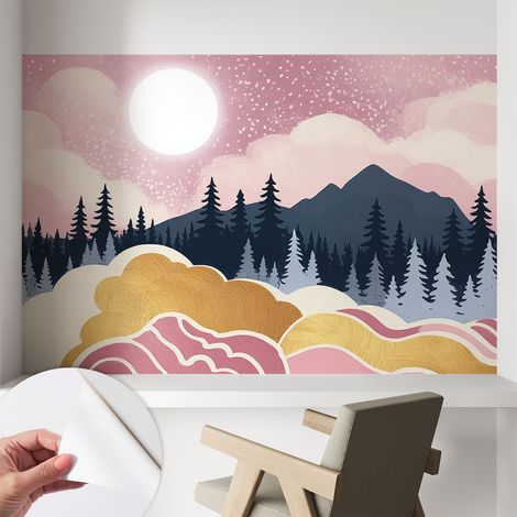Papier peint adhésif décoratif pour salon chambre et cuisine Facile à poser avec colle Coucher de soleil rose 104x70 cm (1/5)