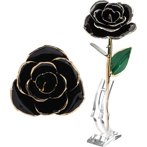 Langstielige rote Rose mit 24-karätigen Goldornamenten und Ständer in einer goldenen Geschenkbox (1/5)