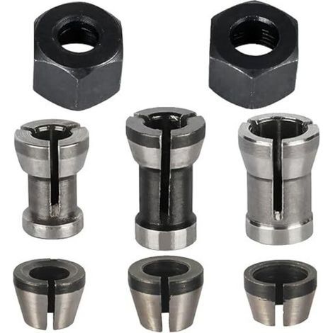 Jeu de 8 pinces de serrage, accessoires pour défonceuse Einhell, Katsu, Bosch et Dewalt, 6 adaptateurs de serrage (6 mm, 6,35 mm, 8 mm) + 2 écrous pour machine à graver (1/5)