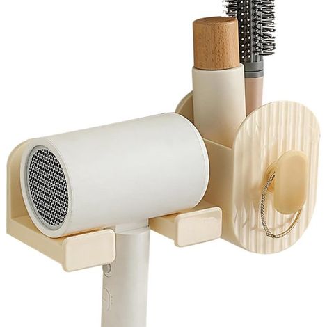 Soporte de pared 3 en 1 para secador de pelo y rizador,compartimento de almacenamiento y portavasos,color negro,organizador de baño (1/4)