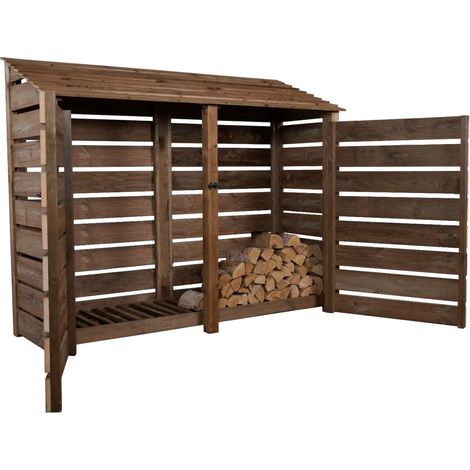 Slatted wooden log store with door W-227cm, H-180cm, D-88cm - brown finish