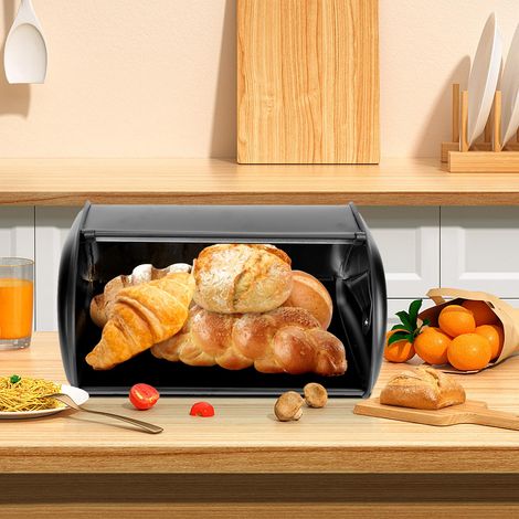 Boîte à pain pour comptoir de cuisine - Porte-pain - Boîte de rangement pour pain en acier inoxydable mat avec couvercle enroulable, 15 x 10 x 6 pouces(Le noir) (1/5)