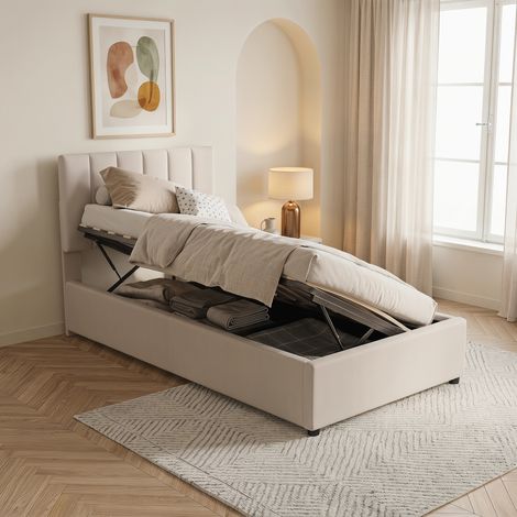 Cadre de lit 90 x 200 cm - lit capitonné - tissu lin - sommier à lattes - tête de lit réglable en hauteur