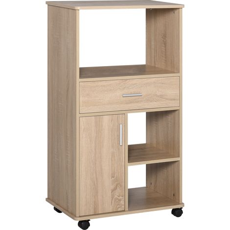 Wagon de cuisine à micro-ondes, buffet de rangement avec 4 roues et freins, tiroir étagère ouverte, compartiment avec porte 60x40x108 cm en chêne (1/5)