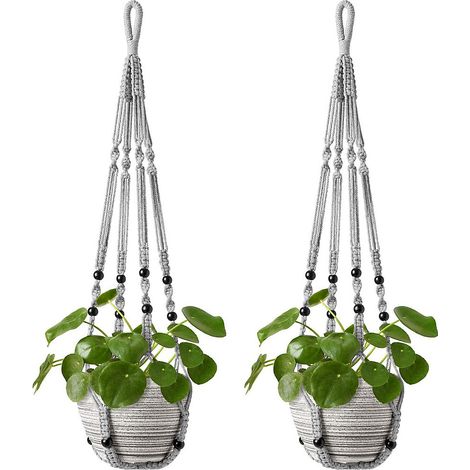 2Pcs Macrame Plant Hanging Basket with Wood Beads, Decorative Planter Holder, Bohemian Home Decor,gris (1/5)