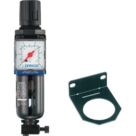Prevost – Filtre Mano-Regulateur 25 microns 3/8 – Manomètre 0 à 10 bar – Pression maxi 12 bar – Purge manuelle – Corps aluminium, cuve polycarbonate (1/3)