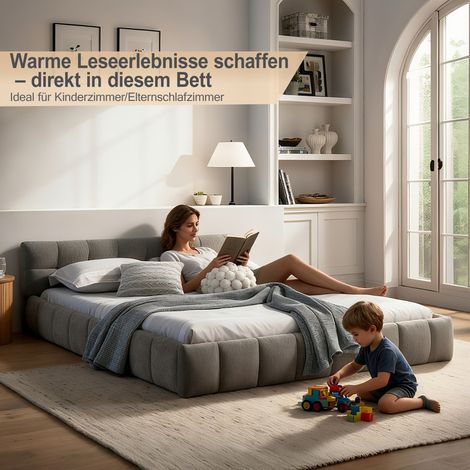 Cadre de lit double 160x200 cm en bois d'eucalyptus écologique et fer robuste, sommier à lattes avec revêtement en chenille soyeux matelassé carré, montage facile, gris anthracite (matelas non inclus)