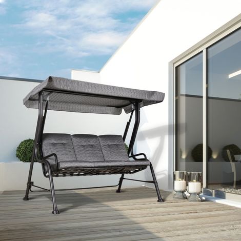 Columpio de jardín de 3 plazas (200x120x170 cm), con techo ajustable, cojines extraíbles, acero negro (1/5)