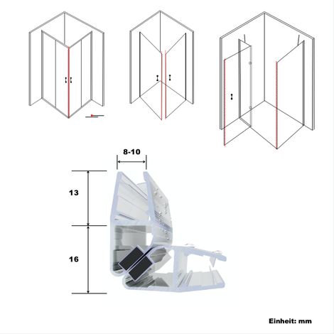 WITEN&NOCK Magnetdichtung für Duschtür Duschdichtung Duschkabine 90 Grad & 180 Grad (1 Paar) für Glasstärke 8 mm 10 mm Länge 200 cm