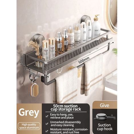 (Tige grise XP 50 cm) Support de salle de bain à ventouses sans perçage, étagère de salle de bain, étagère suspendue en aluminium pour toilettes, organisateur de salle de bain à accrocher au mur (1/5)