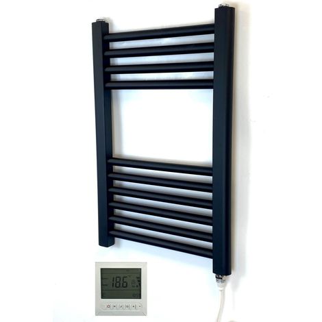 York 500 x 600mm Black Electric Flat Towel Rail Bathroom Radiator + 7 Day Timer/Thermostat