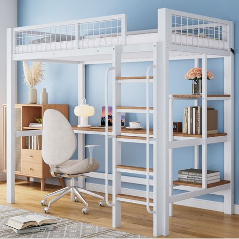 Cama alta 90x200 cm blanca y natural de metal y madera con escritorio y estanterías (1/5)