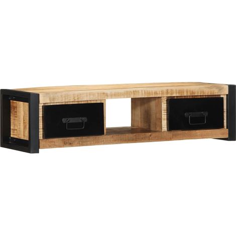 Vidaxl – Meuble TV 100x30x25 cm en bois massif de manguier brut – 2 tiroirs – Style industriel – Cadre en fer noir (1/5)