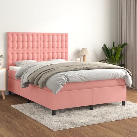 Lit adulte Moderne,Lit à sommier tapissier et matelas Rose 140x190 cm Velours -93783 (1/5)