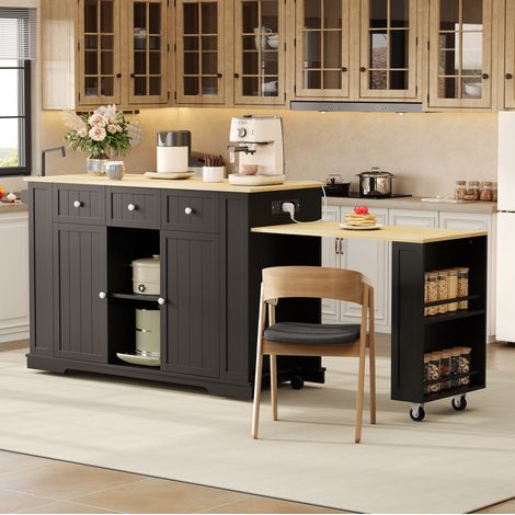 Isola cucina 138x55x93 cm in MDF nero/naturale con tavolo estensibile salvaspazio – MEUBLIV (1/5)