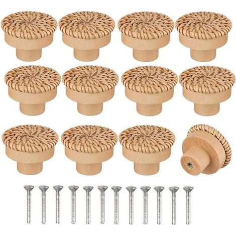 Lot de 12 boutons de commode ronds en rotin style bohème, fabriqués à la main, avec vis, pour meubles en bois, commodes, tiroirs et armoires (1/5)