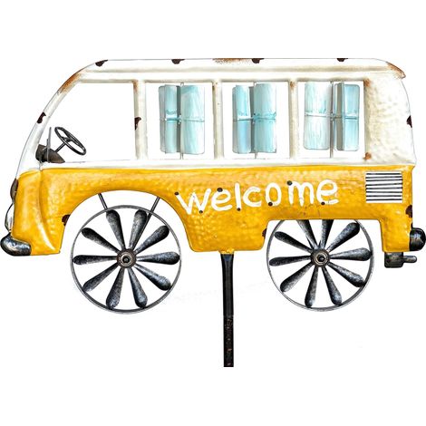 DanDiBo Gartenstecker Metall Bus Auto XL 160 cm Gelb Weiß 96104 Windspiel Willkommen Windrad Wetterfest Gartendeko Gartenstab Bodenstecker Mini Van