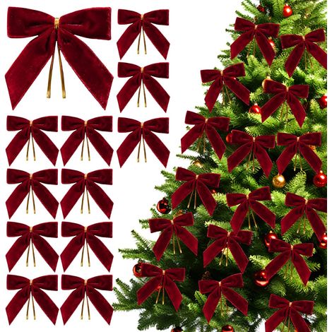12 PIÈCES de nœuds en velours rouge pour sapin de Noël, nœuds pour sapin de Noël, ornements de nœud en velours rouge pour guirlande de sapin de Noël, avec liens torsadés dorés. (1/4)