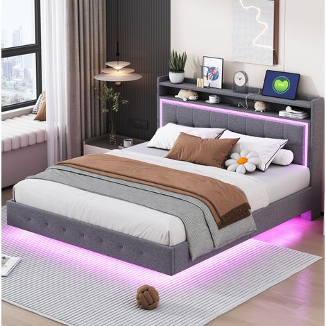 Cama tapizada doble 160x200 con USB LED y patas ocultas OKMYHOME (1/5)