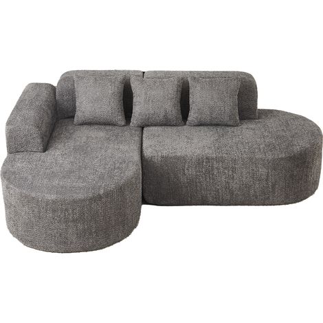 MODFU – Canapé d'angle gauche chenille – Design arrondi Wabi-Sabi et méridienne – Mousse ferme et 3 coussins – Salon – Gris anthracite (1/5)