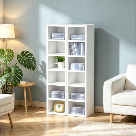 Étagère cd blanche 21 x 19,2 x 88,3 cm, 12 compartiments, set de 2, jusqu’à 160 cds (1/5)