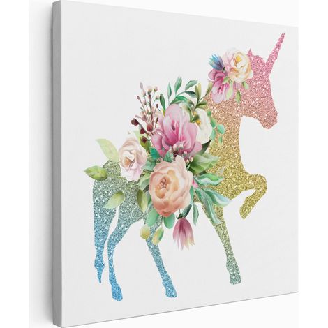 Tableau toile Enfants Carré - Licorne Fleurs - 30x30 cm (1/2)