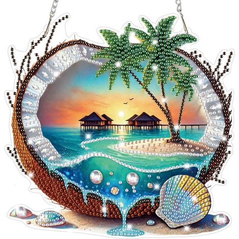 5D Diamant Malerei Anhänger Kokosnuss Sommerstrand Fensterbild Bastelset Hängend (1/4)
