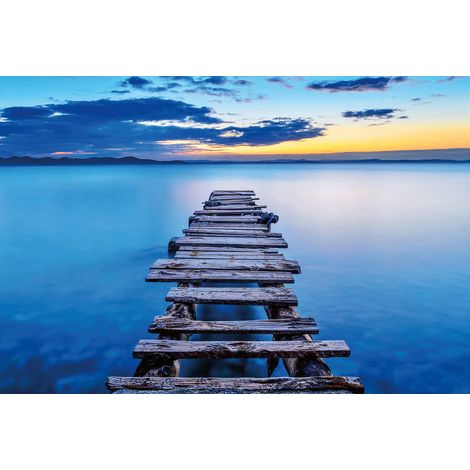 Papier peint panoramique bleu mer avec ponton | Tapisserie panoramique coucher de soleil | Papier peint panoramique turquoise idéal salle de bain - 384 X 260 cm (8 pièces) (1/2)