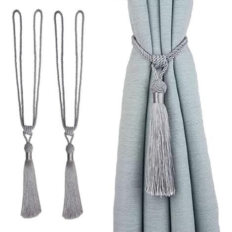 Lot de 2 embrasses de Rideaux Faites à la Main en Corde avec Pompons pour décoration de Bureau Maison (Gris, 2) (1/5)