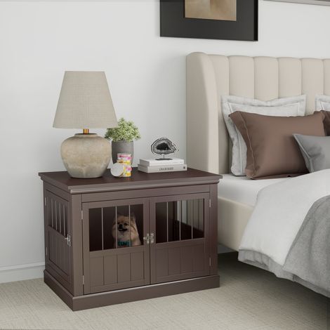 Tavolino moderno a forma di cuccia per cani di piccola taglia con 3 ante a battente con chiusura magnetica, 78x53x59,3 cm, colore caffè. (1/5)