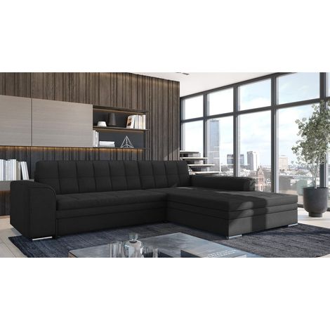 Ecksofa Schlafsofa Sofa LUSAKA in Stoff Lincoln Schwarz Ottomane Rechts