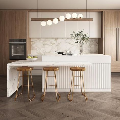 Îlot Central de Cuisine Extensible avec Rangements 205-268 cm, Meuble Îlot Moderne avec 3 Tiroirs, 3 Portes & 2 Étagères, en Bois, Résistant à l'eau, pour Salle à Manger (1/5)