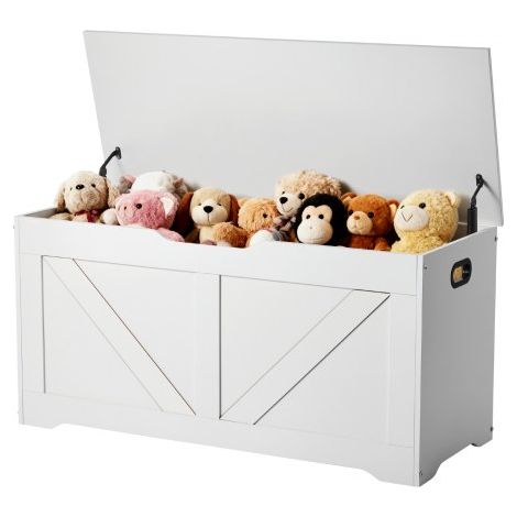 Banco Infantil con Almacenaje, Baúl de Juguetes de Madera, Banco con Bisagra de Seguridad, para Sala de Juegos, Salón o Recibidor, 990 x 395 x 480 mm, Base 40 kg y Superficie 96 kg, Blanco (1/5)