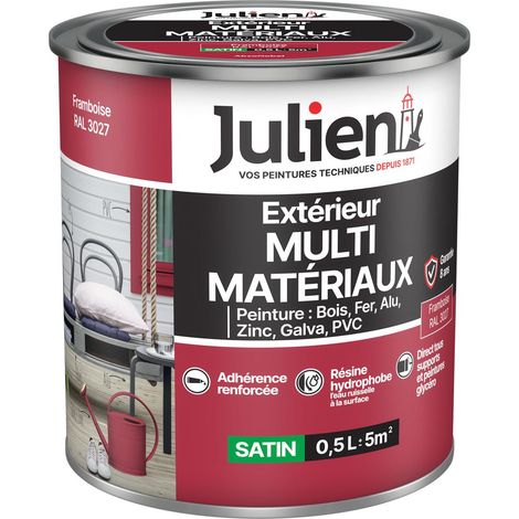 Julien Peinture Multi-Matériaux Satin en phase Aqueuse - Bois, Fer, Alu, PVC, Zinc, Acier galvanisé, brut ou peint - Framboise 0,5 L