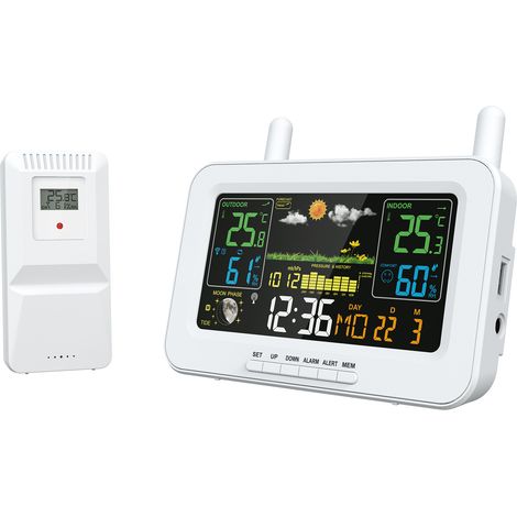 Multifunktionale Farbanzeige, kabellose Innen-/Außentemperatur-/Luftfeuchtigkeits-/Wettervorhersage, wiederaufladbare Mondphasen-Elektronik-Smart-Wetteruhr, weiß (1/3)
