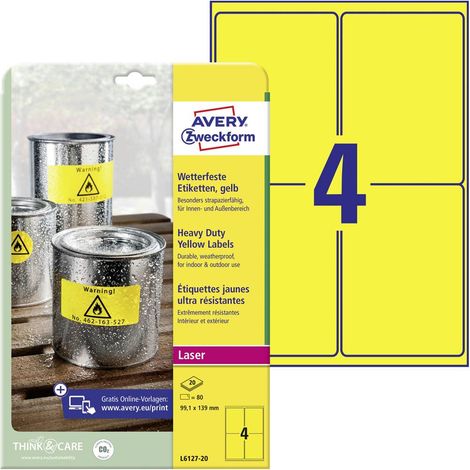 Etiquettes adhésives ultra résistantes Avery Zweckform- 33,1 x 139 mm - 80 pièces - Jaune - L6127-20 (1/4)