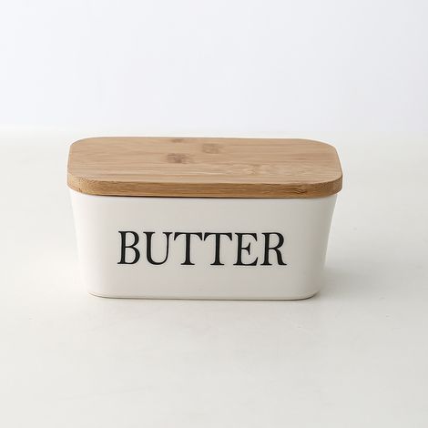 Burriera rettangolare in ceramica - Burriera in ceramica - Scatola per formaggi - Scatola portaoggetti sigillata per ristoranti 16x10x7,7 cm con coperchio in bambù - Scatola sigillata - Anello in sili (1/5)