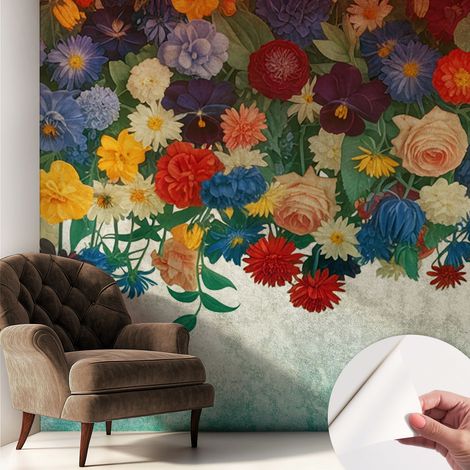 Papier peint adhésif décoratif pour salon chambre et cuisine Facile à poser avec colle Fleurs colorées 250x250 cm (1/5)