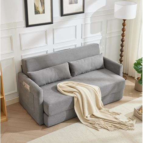 Divano letto 2 posti 165x92x82 cm, 2 in 1 trasformabile, con 2 cuscini lombari e tasche laterali, tessuto a coste grigio (1/5)