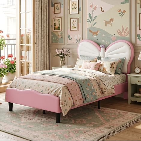 Creahappy Lit Enfant Rembourré 90x190cm - Tête de Lit Papillon PU Rose et Blanc avec Liseuse LED - Hauteur Réglable Style Féerique - Rose (1/5)