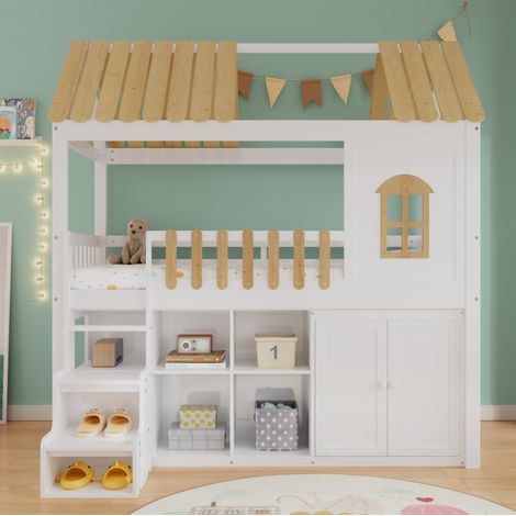 Letto a soppalco per bambini 90x200 cm con contenitore, pino e MDF, bianco e naturale HAVRYA (1/5)
