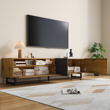 Meuble tv 160 cm  bicolore avec 3 portes et 2 niches, pieds en métal en forme de u, style bois rétro (1/5)