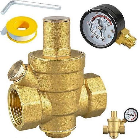 Un régulateur de pression d'eau de 1/2 pouce avec manomètre, fabriqué en laiton haute dureté, et une vanne de réduction de pression d'eau. (1/5)