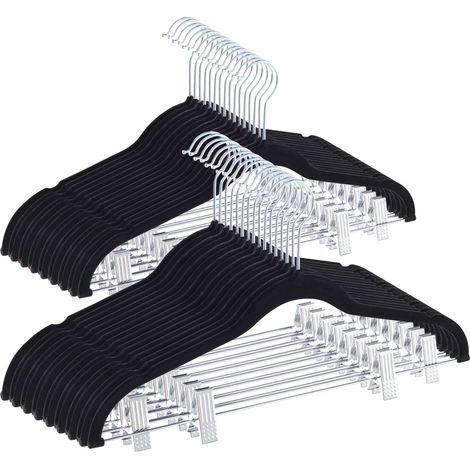 Set de 20 cintres en velours avec pinces, cintres avec pinces pour jupes, pantalons, pour dames ou messieurs, crochet en métal, noir (1/5)
