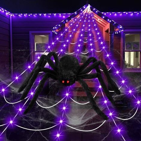 KLVGTIFS PU - Toile d'araignée décorative pour Halloween, 250 LED, 500 cm avec araignée géante de 150 cm, décoration d'extérieur pour Halloween (1/5)