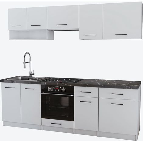 Dusine – Cuisine complète Viki 8 éléments – Finition blanc mat – Longueur 240 cm – Caissons en mélaminé 18 mm – Rangement optimisé (1/2)