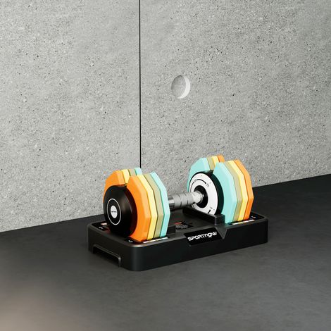 Haltère réglable 5 à 25 kg avec base de rangement 5 niveaux de poids, poignée antidérapante disques d'haltères octogones (1/5)