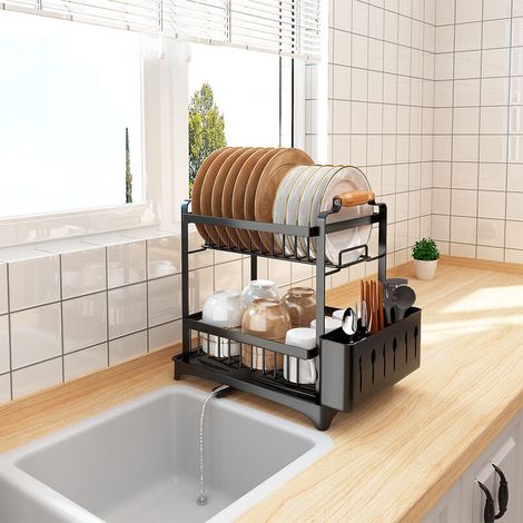 – Égouttoir à vaisselle double niveau en acier au carbone – Rangement vertical pour assiettes et couverts – Drainage rapide – 36 x 26 x 37,5 cm (1/5)