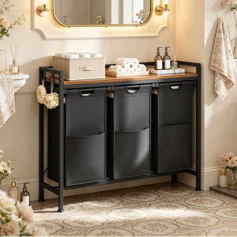 Mobile contenitore per biancheria, 3 cestini rimovibili, 96 x 30 x 71 cm, nero e marrone DESVIAE (1/5)
